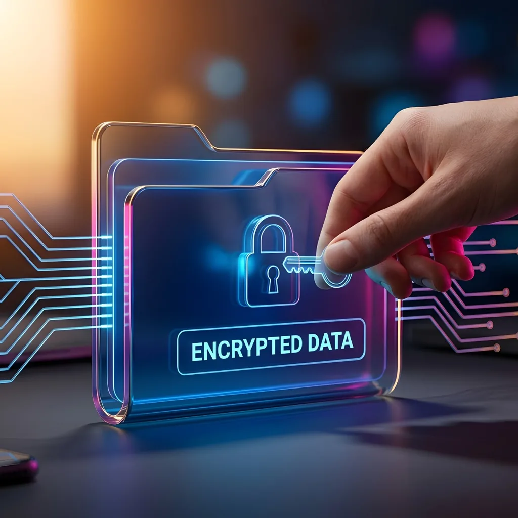 Mano con chiave digitale che protegge una cartella contenente dati cifrati